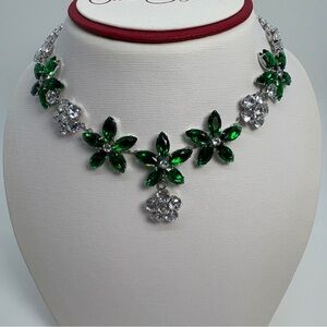 Green Emerald And Clear Flower Crystal CZ Statement Necklace And Earrings